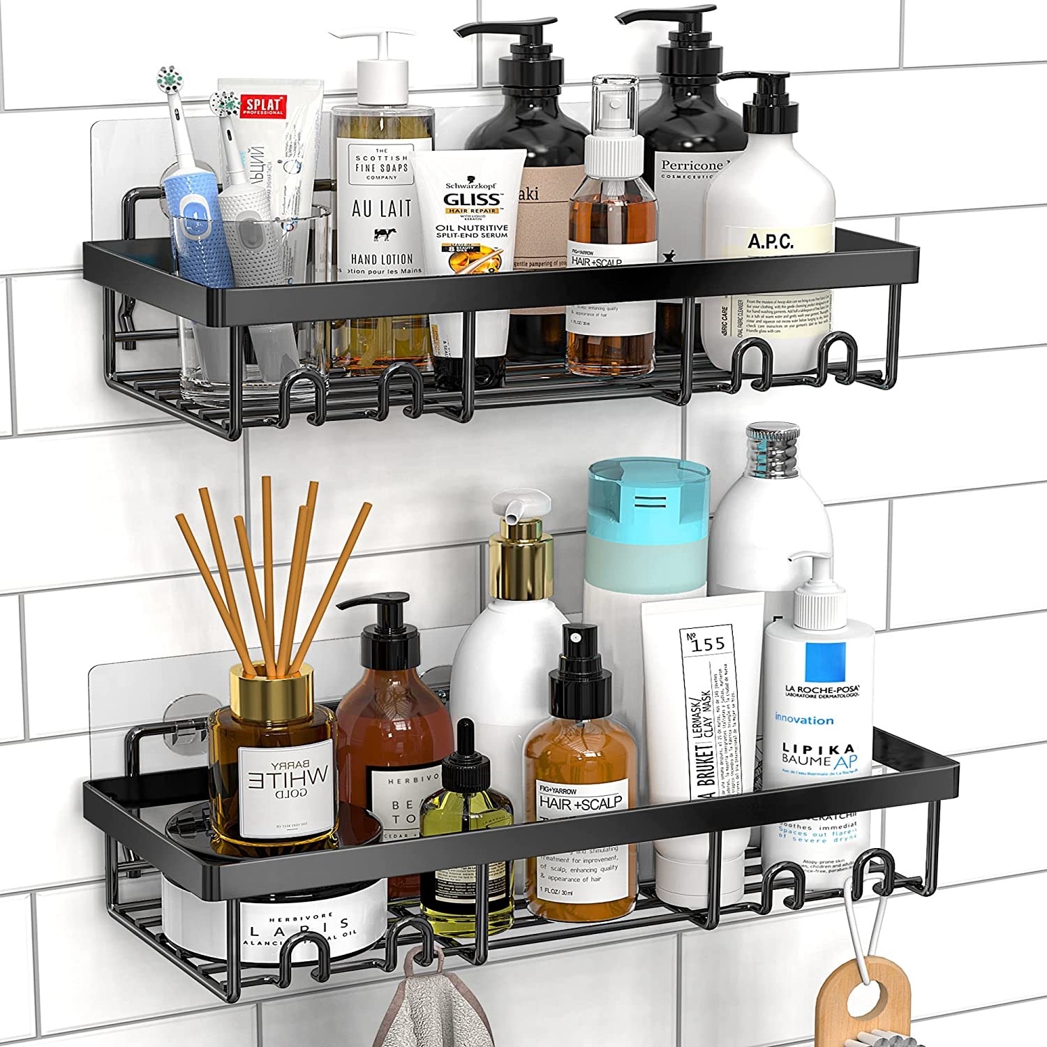 the racks in on a shower wall filled with items