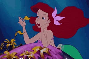 Ariel(mermaid) picking petals from a flower and getting he loves me not.