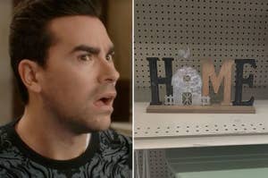 A guy looking shocked, and a sign that says "Home" that looks like "Hame"