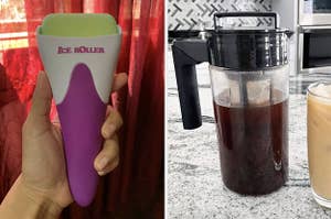 on left, reviewer holding white and pink ice roller. on right, tayeka cold brew maker with iced coffee inside
