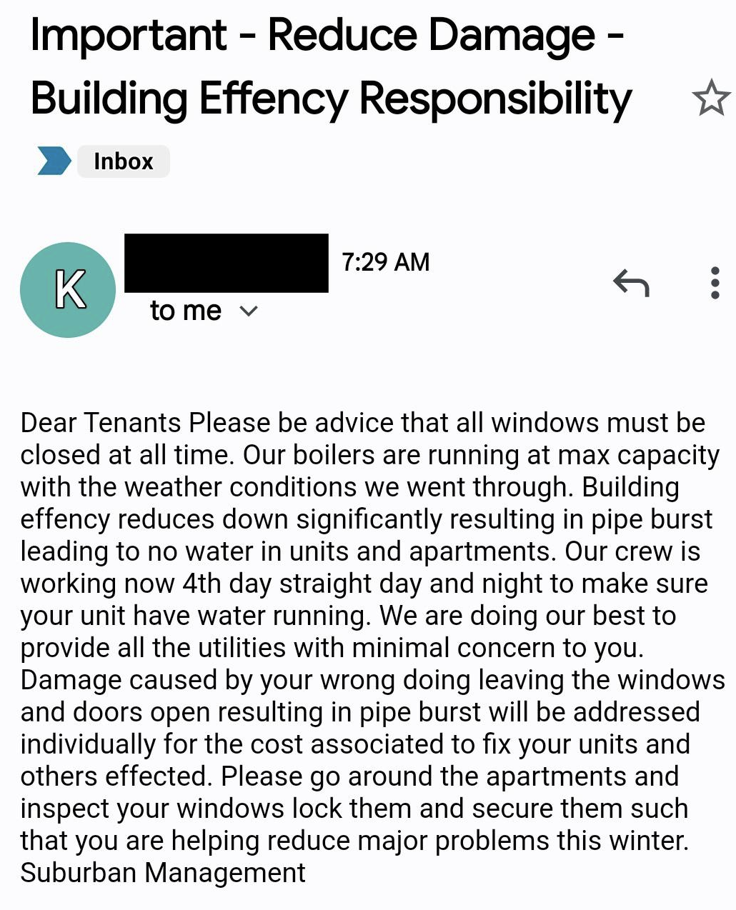 An email from a landlord