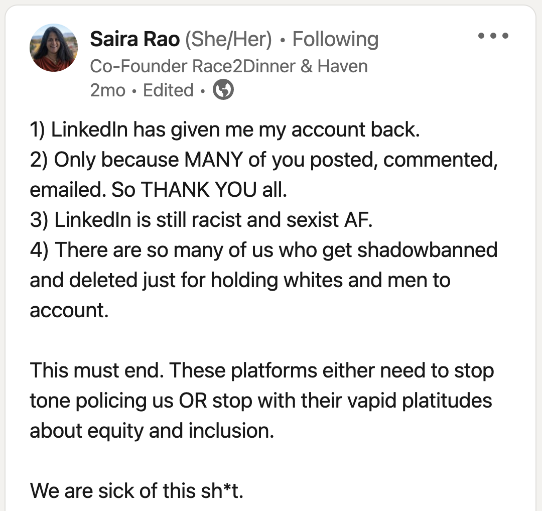 Saira&#x27;s LinkedIn post after getting her account reinstated