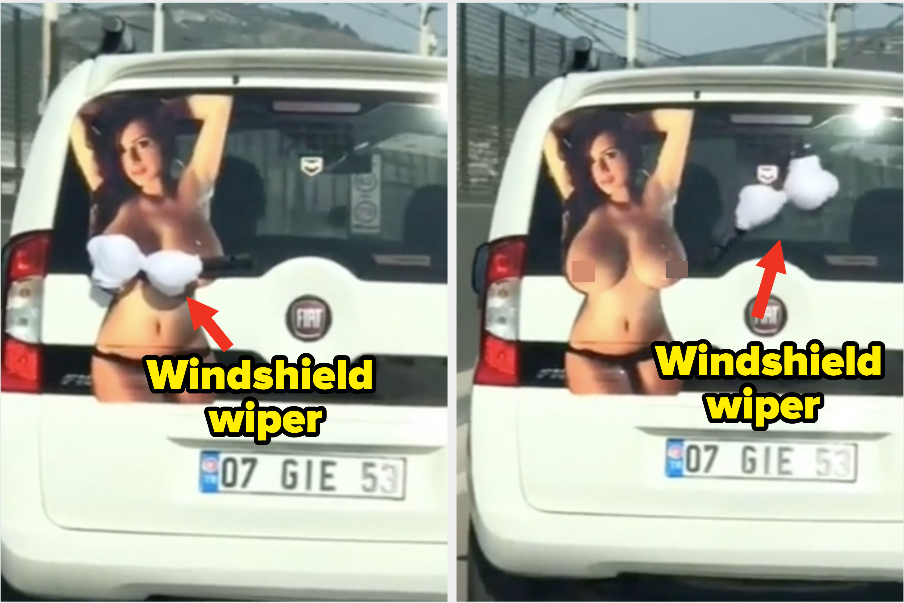Windshield wipers showing a woman's breasts