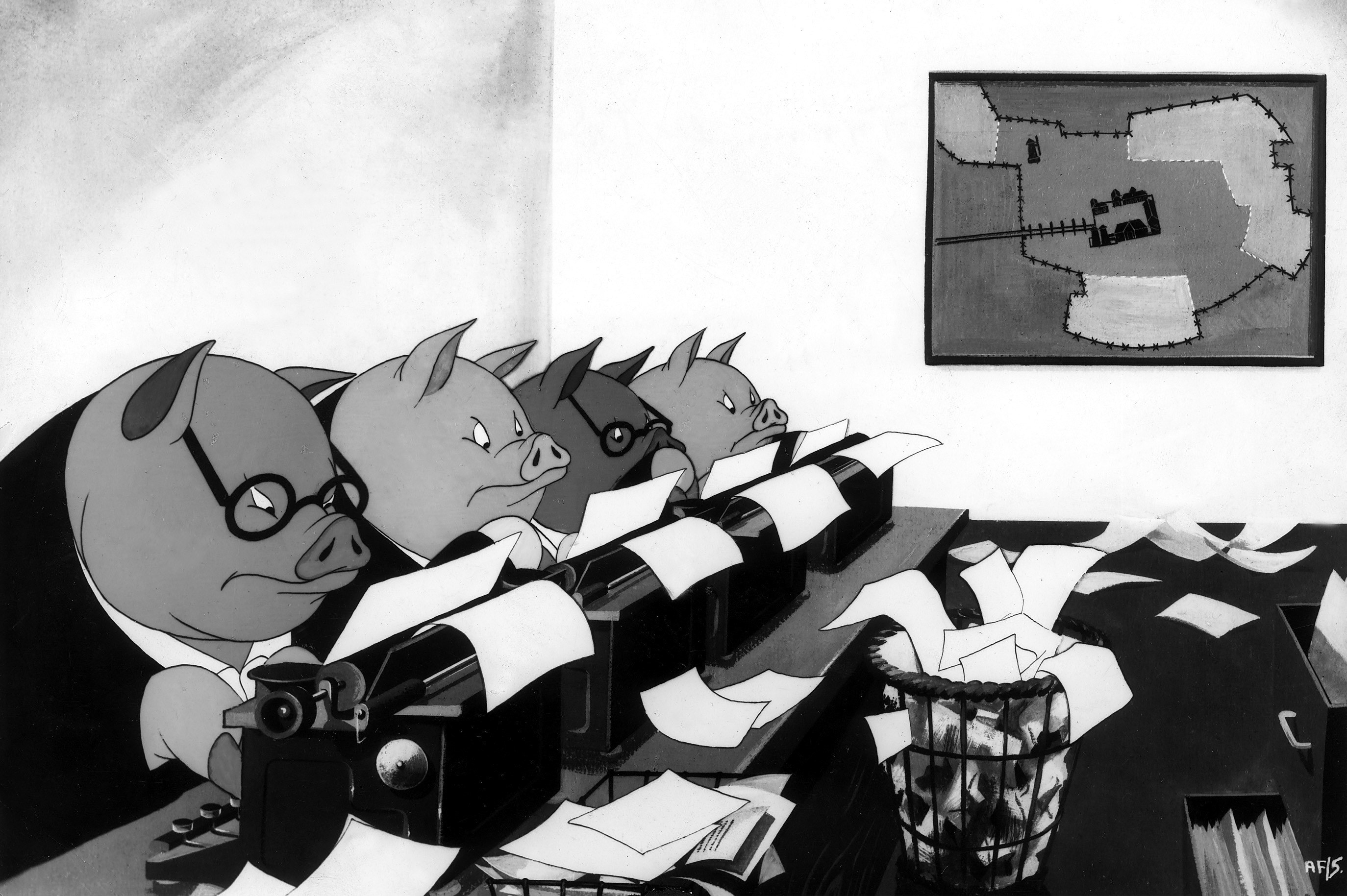 Cartoon pigs typing on typewriters