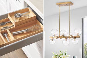 drawer organizer, gold and glass light fixture