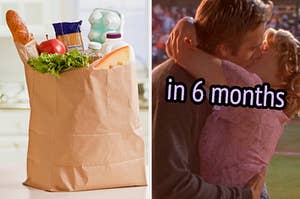 On the left, groceries peeking out a paper bag, and on the right, Drew Barrymore and Michael Varten sharing a kiss as Josie and Sam in Never Been Kissed labeled in 6 months