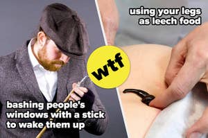 A split thumbnail, with two images. One image shows a man with a flat cap holding a stick with a hook at the end, and one shows an image of a leech on a human stomach