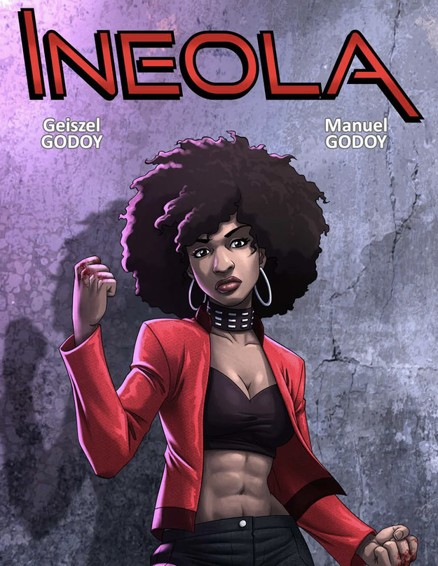 A black woman flexes her muscles on a comic book cover