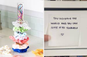 on left, colorful scrunchies stacked on stand. on right, transparent sticky note that says "you deserve the world and you can give it to yourself"