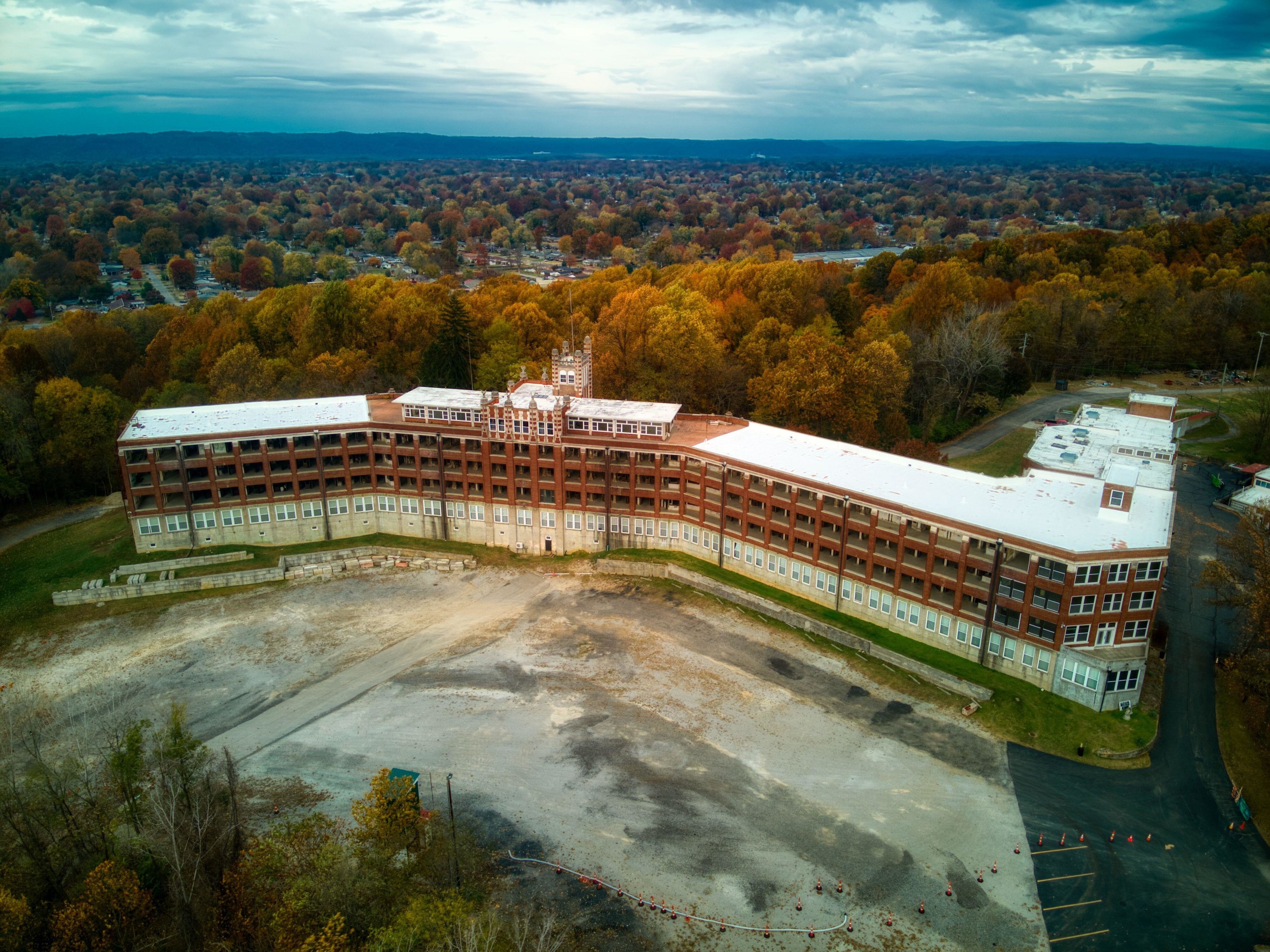 An aerial drone shot of the Waverly Hills Sanatorium in Louisville, Kentucky currently