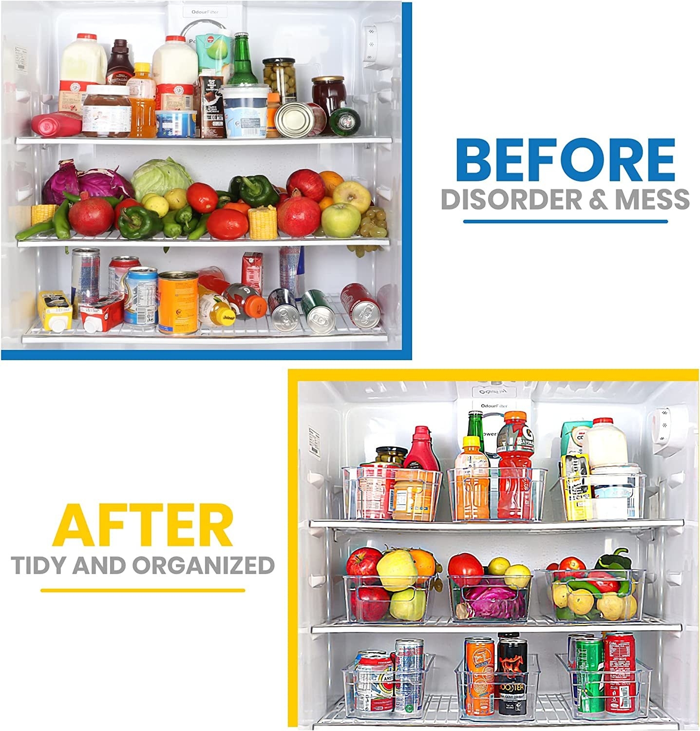 top: before image showing cluttered fridge with no organization / bottom: after image of organized fridge with clear drawers and more space