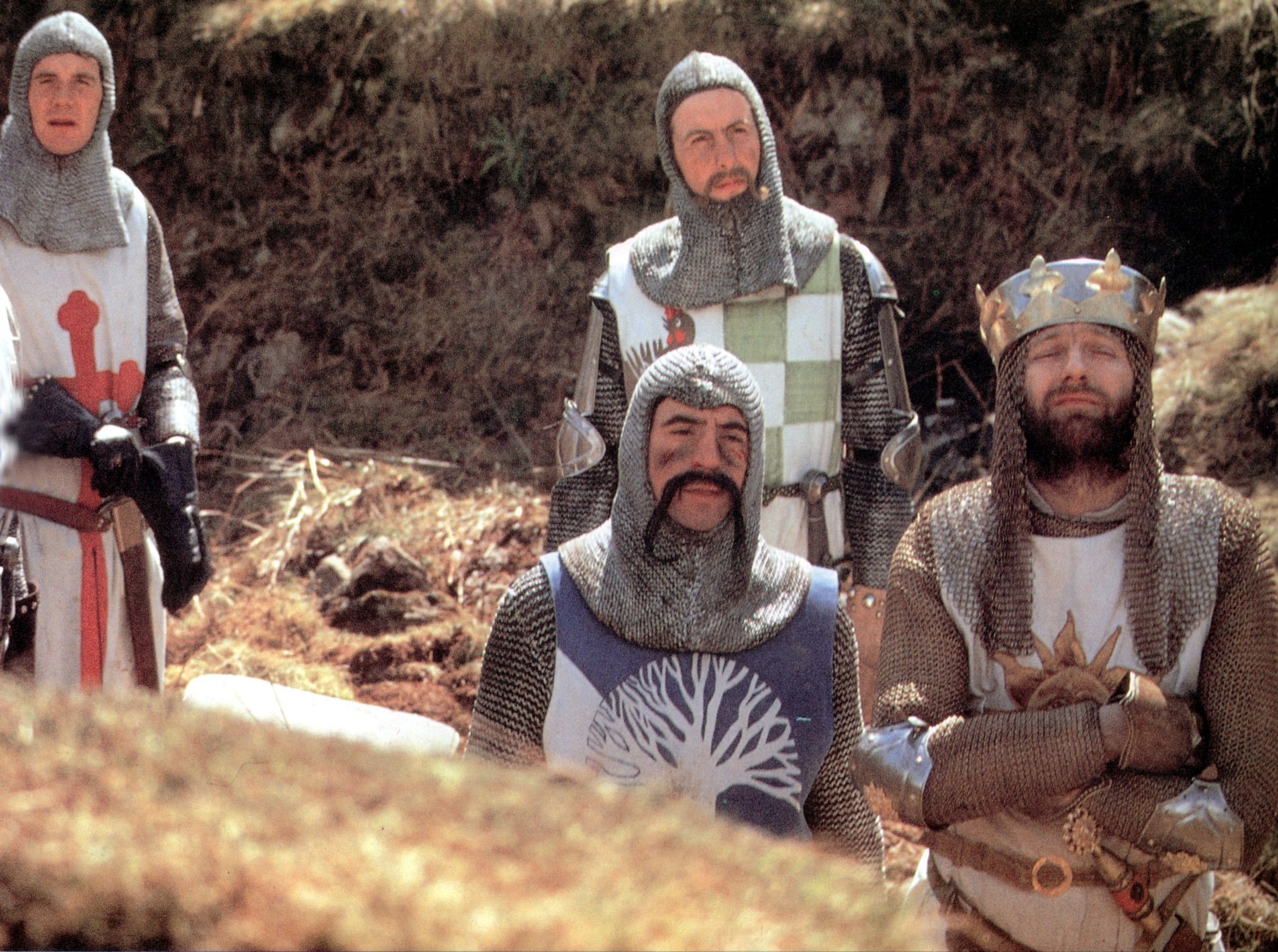Michael Palin, Eric Idle, Terry Jones and Graham Chapman in Monty Python and the Holy Grail