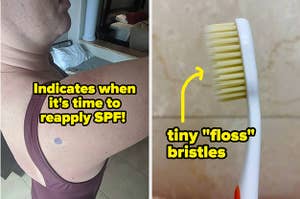 L: a reviewer wearing a purple--colored sticker and text reading "Indicated when it's time to reapply SPF!", R: a toothbrush with text reading "tiny 'floss' bristles"