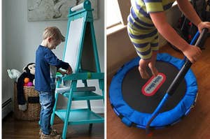 easel on the left and little tikes trampoline on the right