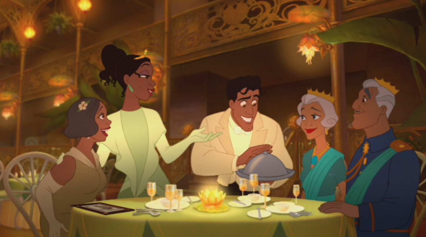 scene where Tiana and Naveen are serving their parents at Tiana&#x27;s Place