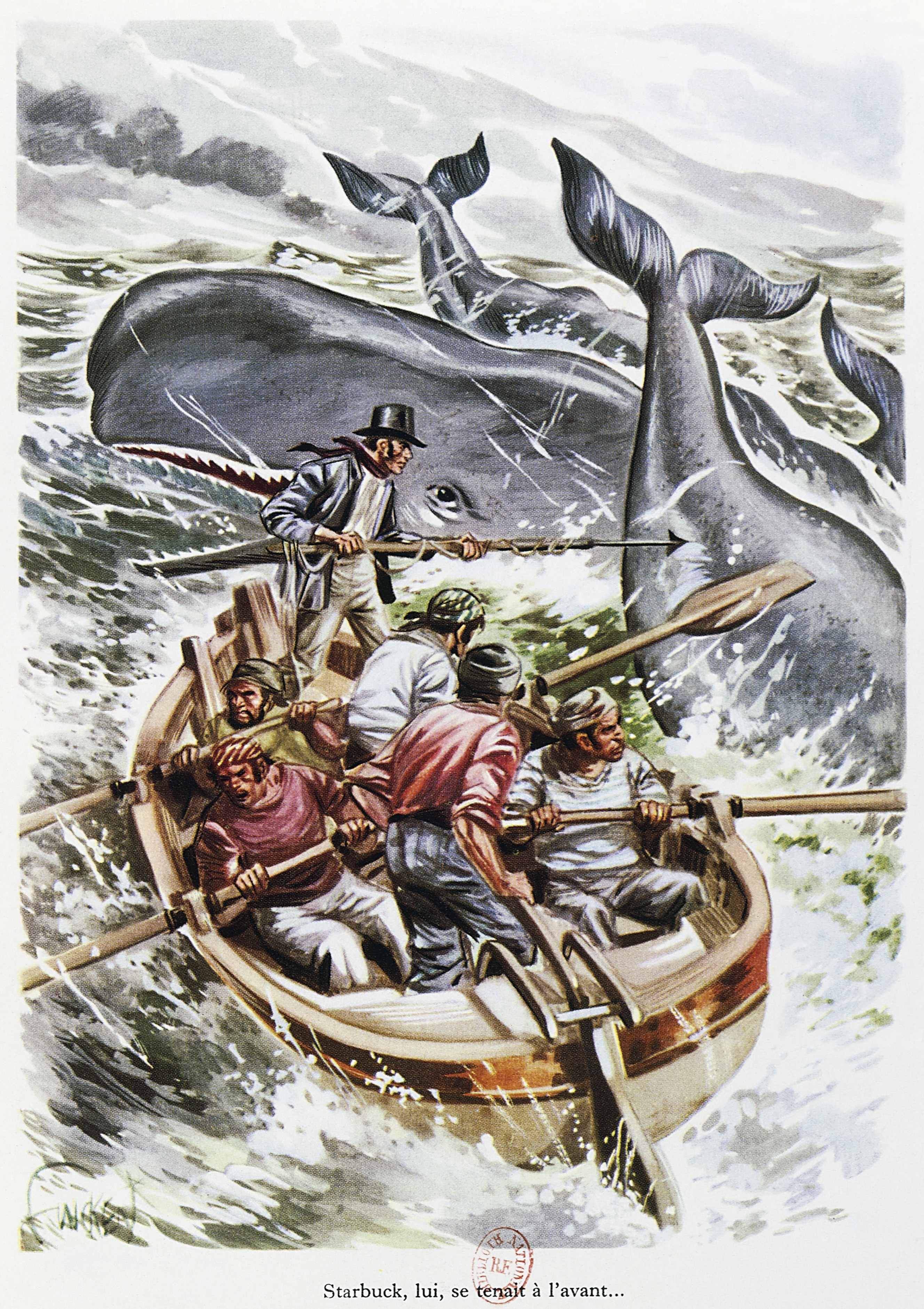 A painting of Starbuck and a crew hunting whales on a boat