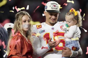 Kansas City Chiefs quarterback Patrick Mahomes and his wife Brittany, left, celebrate with their daughter, Sterling Skye Mahomes, after the NFL Super Bowl 57 football game, Sunday, Feb. 12, 2023, in Glendale, Ariz.