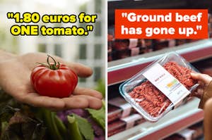 a tomato with the text 1.80 euros for one tomato and a package of ground beef with the words ground beef has gone up