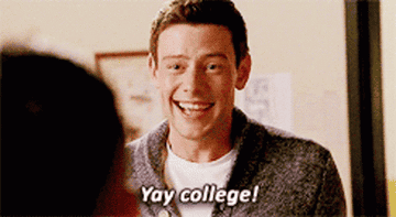 Finn Hudson happing cheering, &quot;Yay college!&quot;