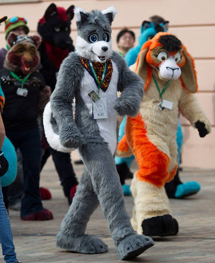 Participants of the Eurofurence convention wear animal costumes as they walk through Magdeburg, eastern Germany