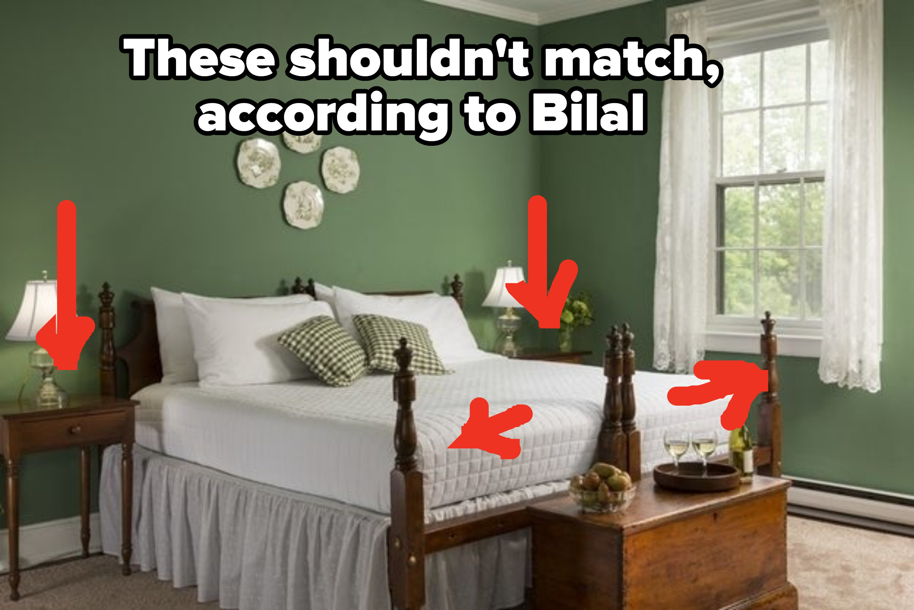 Arrows pointing to different parts of a bedroom set