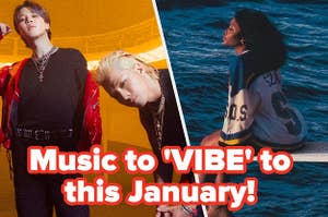 Jimin from BTS with TAEYANG from BIGBANG next to SZA with text on thumbnail saying 'Music to 'VIBE' to this January!