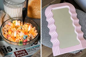 A cereal candle and a wavy mirror