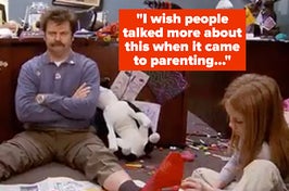 Ron Swanson sittin in his office with his adopted kids playing around him 