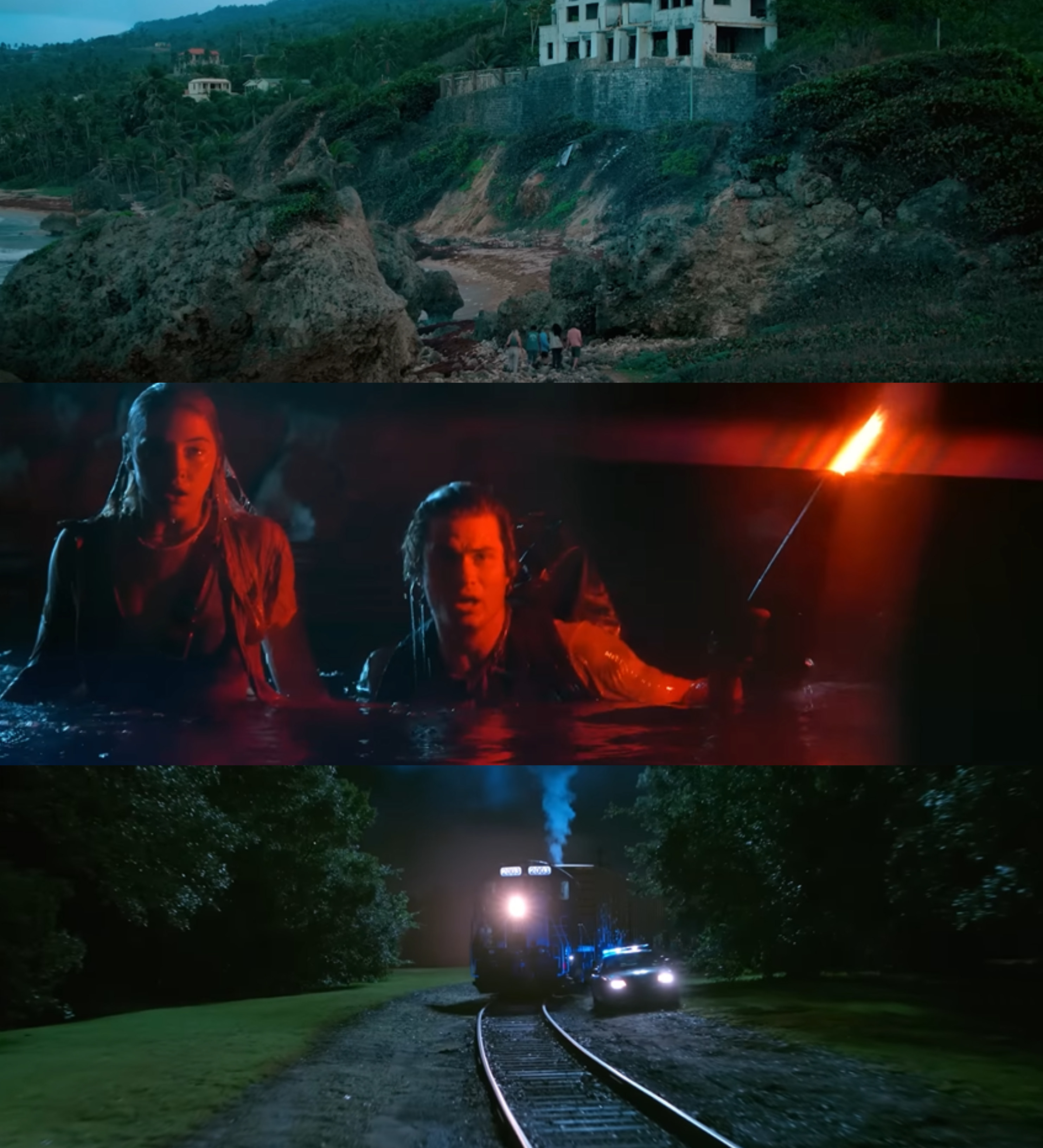 top image, a wide shot of a grand house near the water, middle image, john b and sarah in water with a flare gun and both looking concerned, and bottom image, a car chasing a train