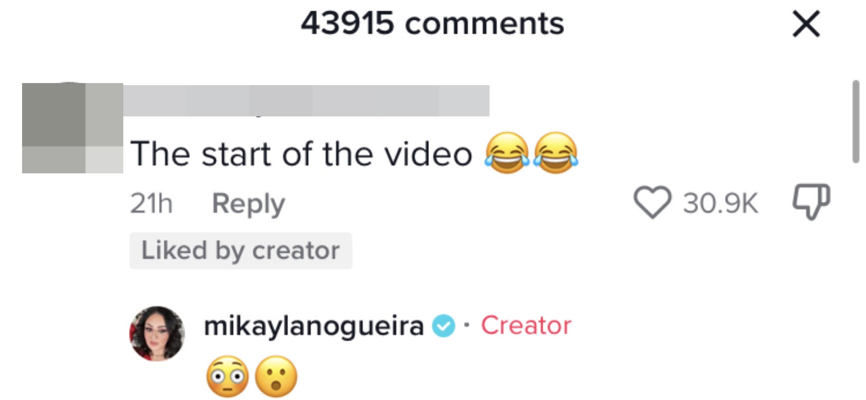 Someone in the comments said &quot;The start of the video [two laughing, crying emojis] to which Mikayla responded with a wide-eyed emoji