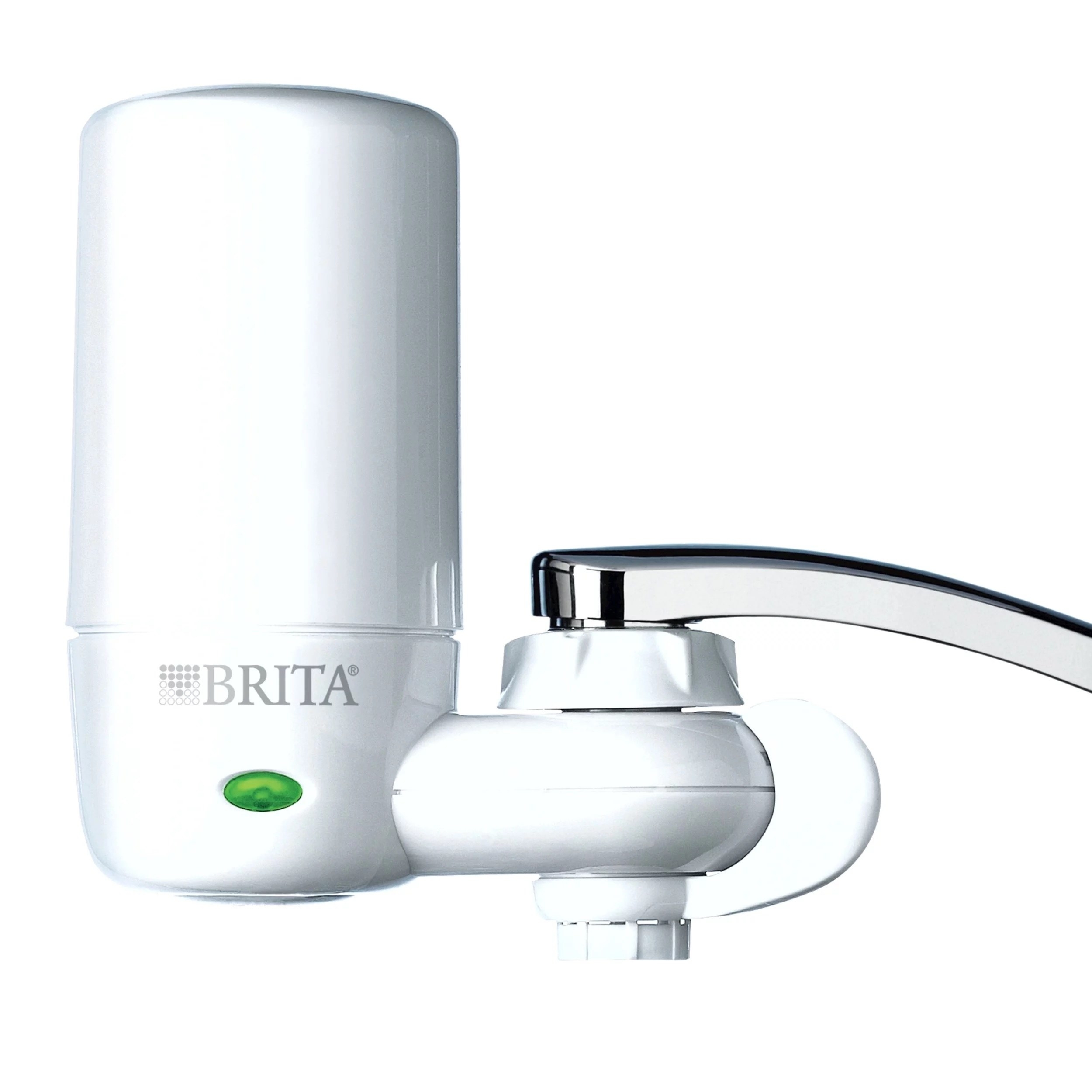 a white Brita filter attachment connect to a sink faucet