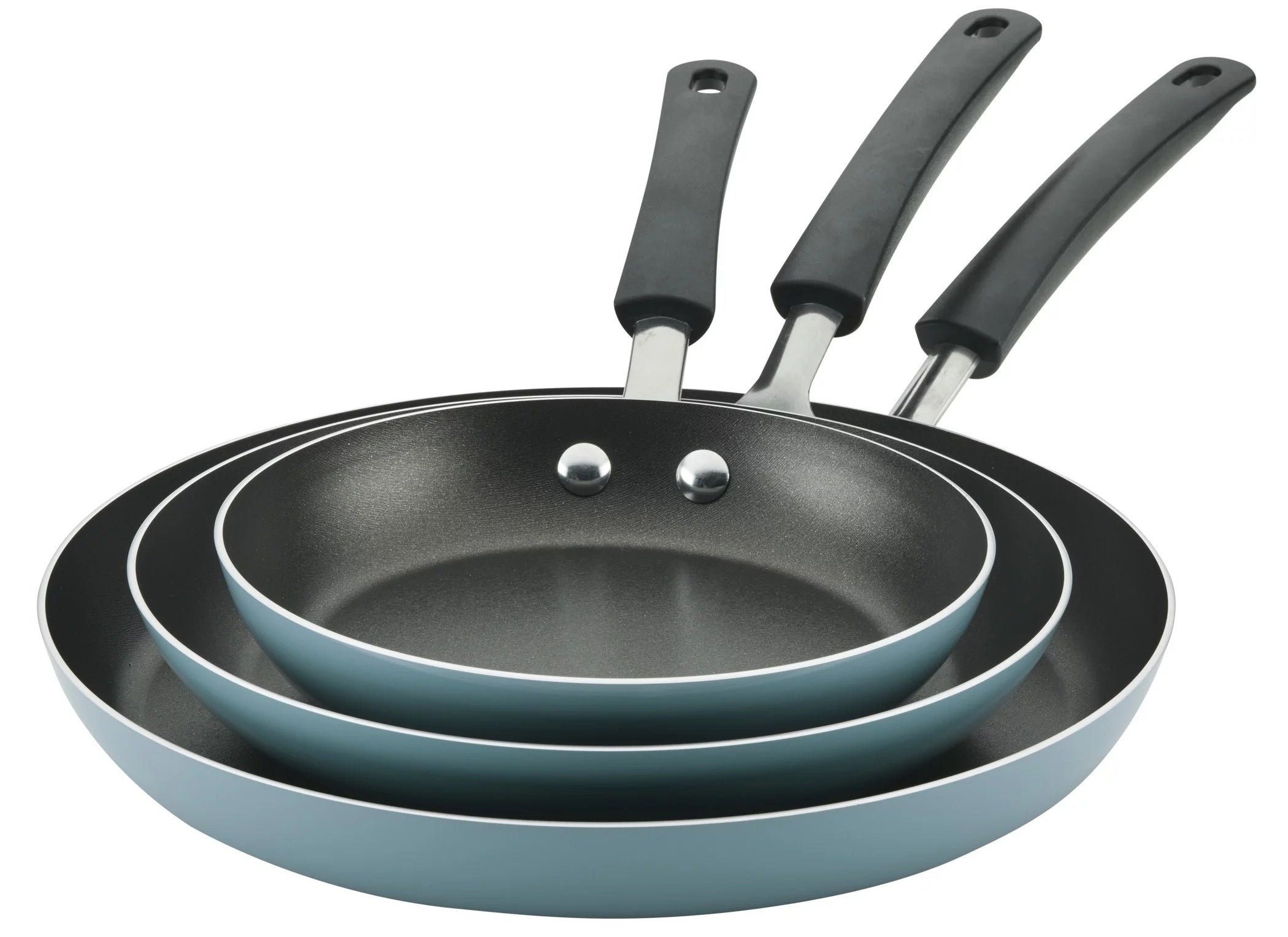 a three-piece set of blue and black nonstick frying pans