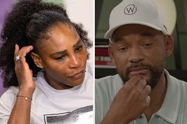 Serena Williams rests her head on her right hand, with her head titled. Will Smith ruminates on something, with his hand holding his chin.