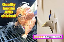 L: a bbq chicken on a motorcycle-shaped stand with text reading "quality laughs AND chicken!", R: a reviewer photo of a ninja star-shaped magnet with a five-star review titled "best looking magnets"