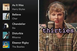 On the left, a Spotify playlist, and on the right, Taylor Swift in the Folklore documentary labeled thirties