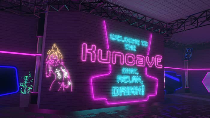 Neon signage in the VR club says &quot;Wecome to the Kuncave, Chat, Relax, Drink!&quot;