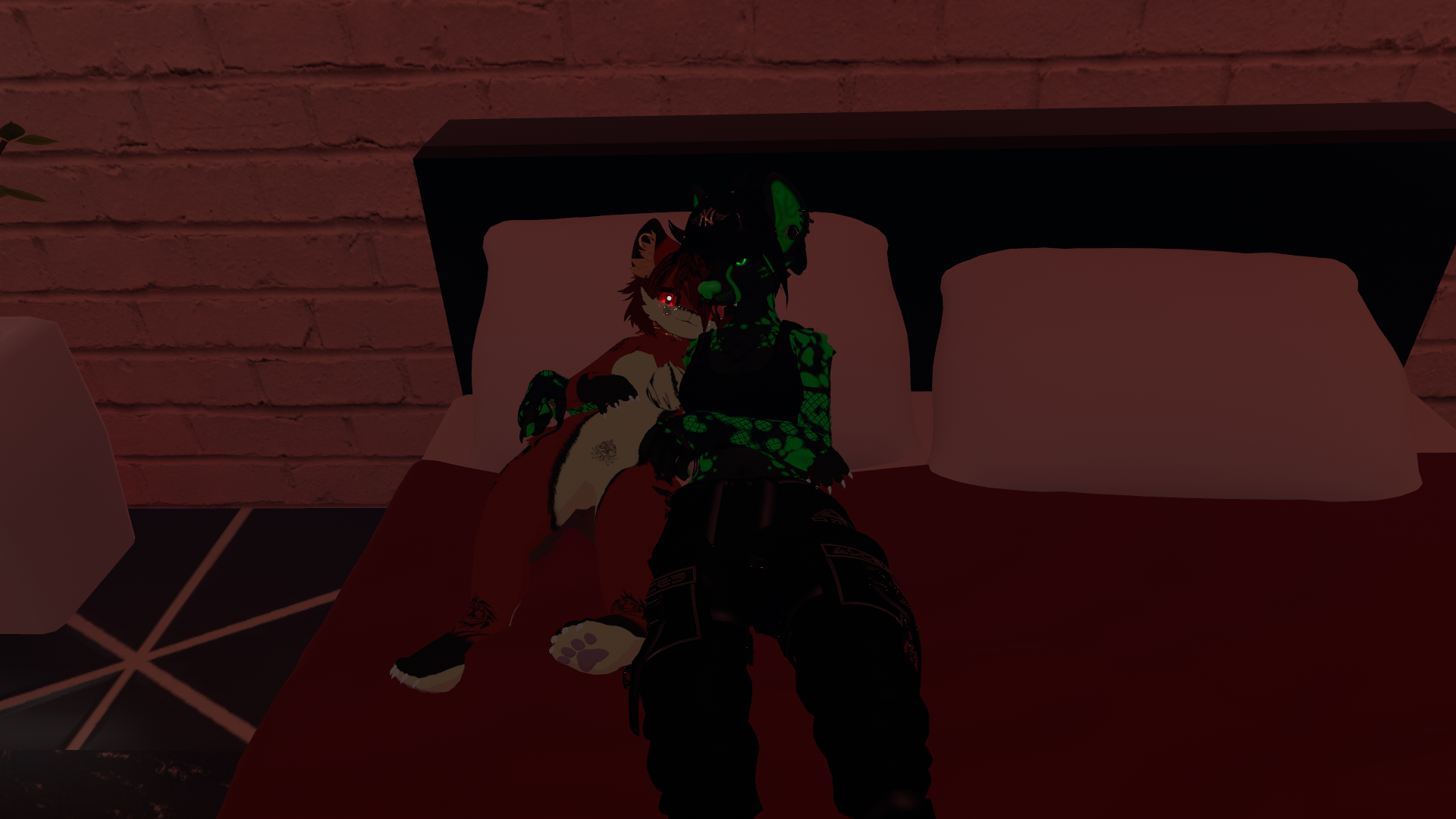 Two VR avatars snuggle on a bed