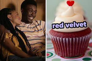 On the left, young Beth and Randall from This Is Us cuddling on the couch, and on the right, a red velvet cupcake