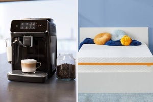 on left, black espresso machine. on right, white memory foam mattress on bed