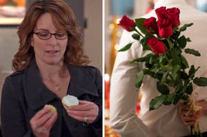 On the left, Liz Lemon from 30 Rock holding a vanilla cupcake, and on the right, someone holding roses behind their back