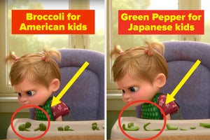 Two different versions of Inside Out, one featuring broccoli and another with green pepper