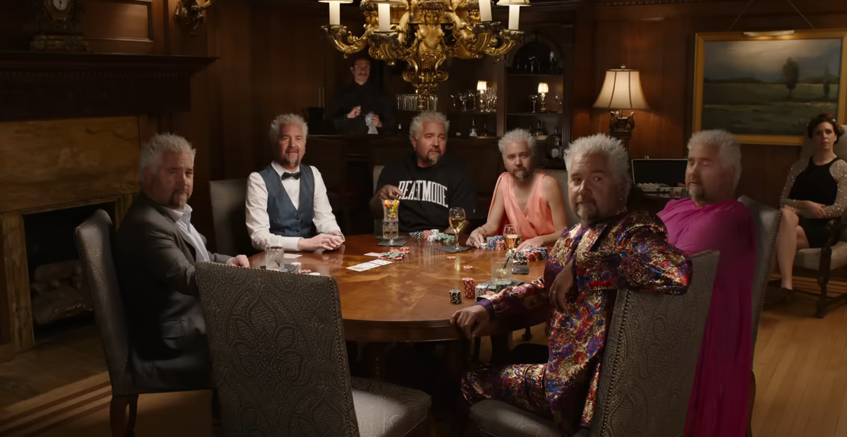 A hallucination scene with a bunch of people sitting at a poker table, all with Guy Fieri&#x27;s face