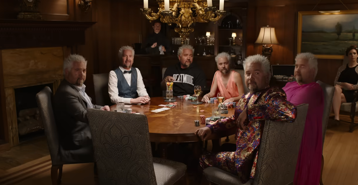 A hallucination scene with a bunch of people sitting at a poker table, all with Guy Fieri's face