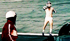 Will Ferrell runs around on a race track in his underwear in Talladega Nights