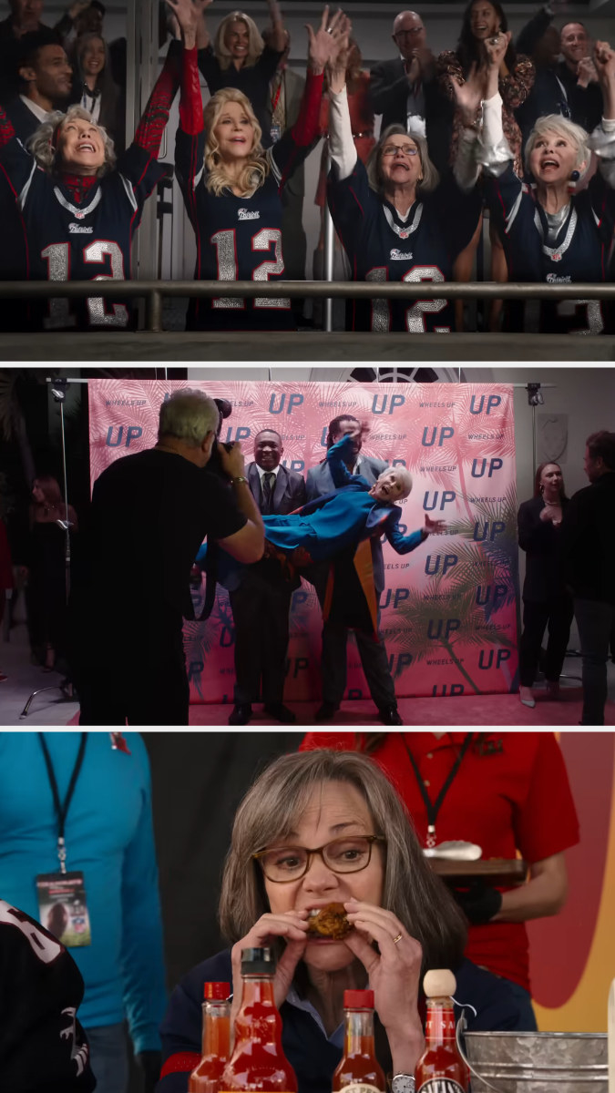 The girls cheering on the pats, rita being carried by some men, and sally eating a hot wing