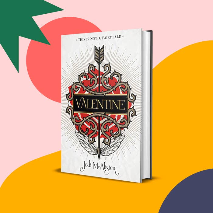 Book cover art; the word &quot;Valentine&quot; with an arrow through it on a red background