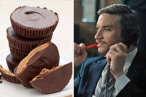 On the left, some peanut butter cups, and on the right, someone eating a Twizzler