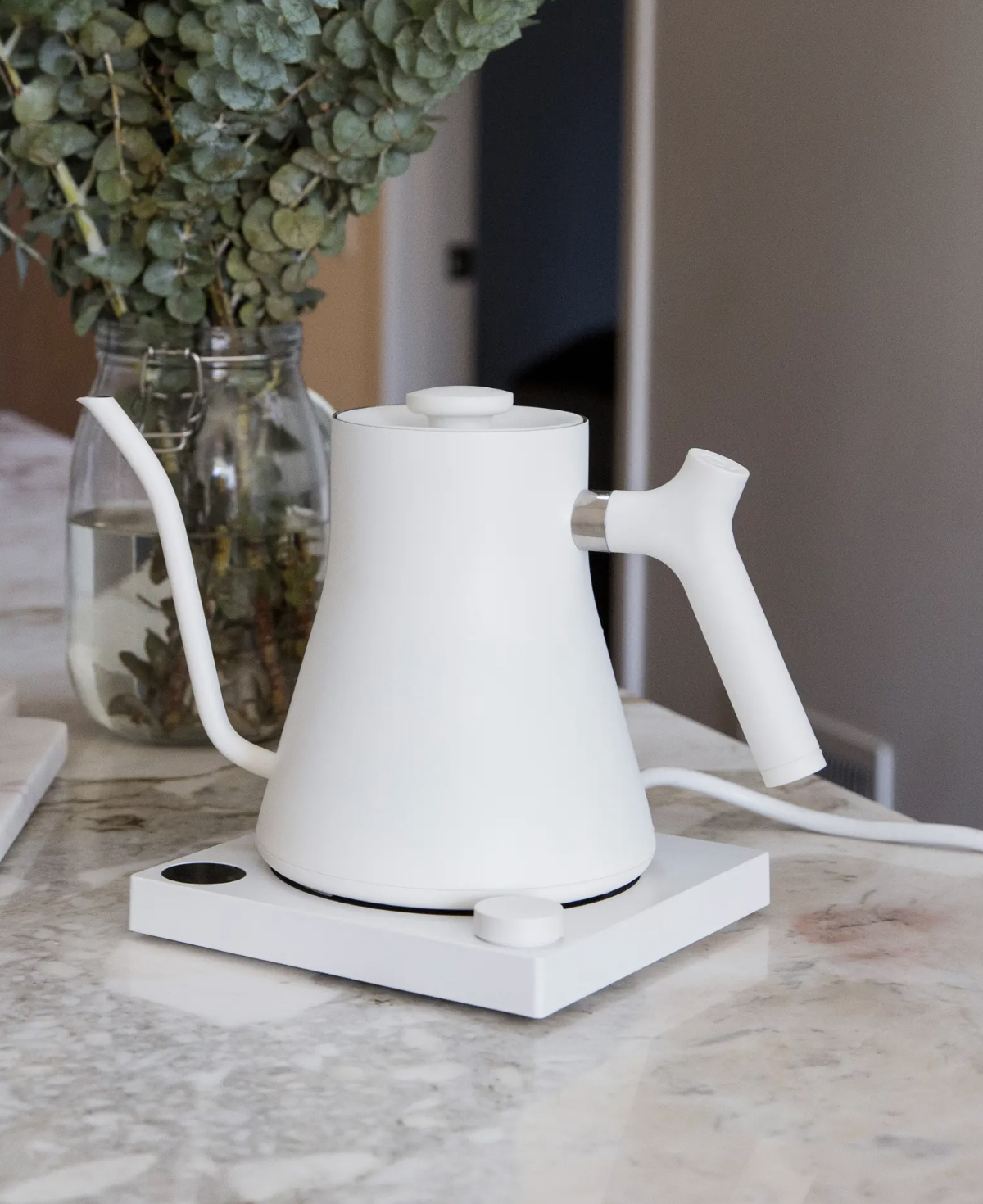 The kettle on a counter with a bouquet of eucalyptus