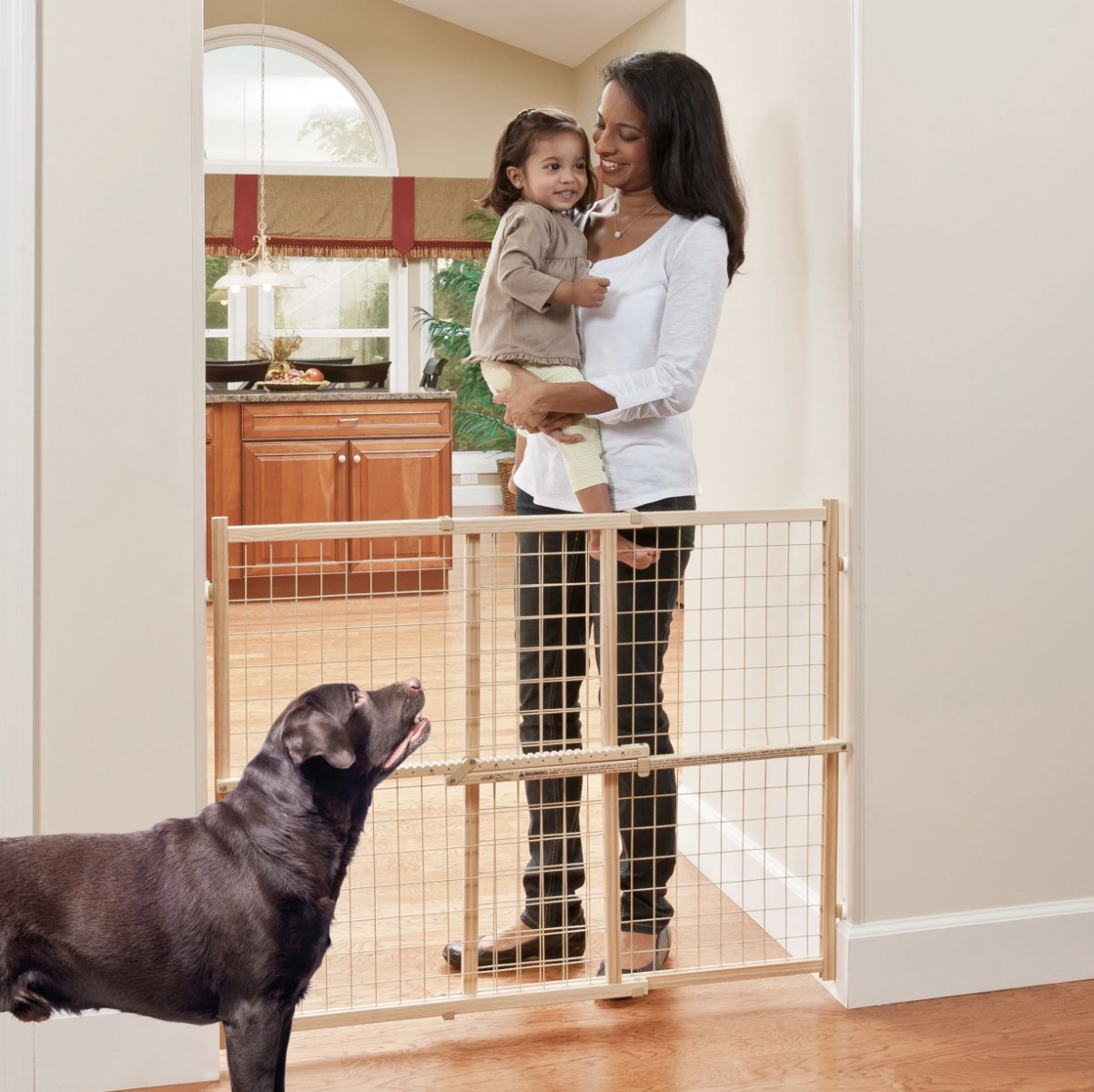 A woman holding a toddler with a brown dog waiting on the other side of a wooden gate