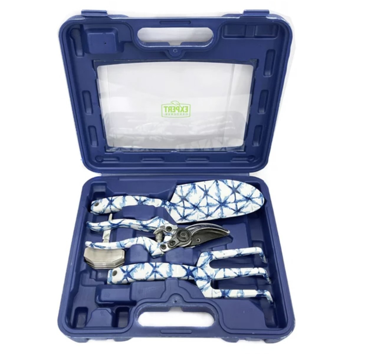 A set of gardening tools in a blue box